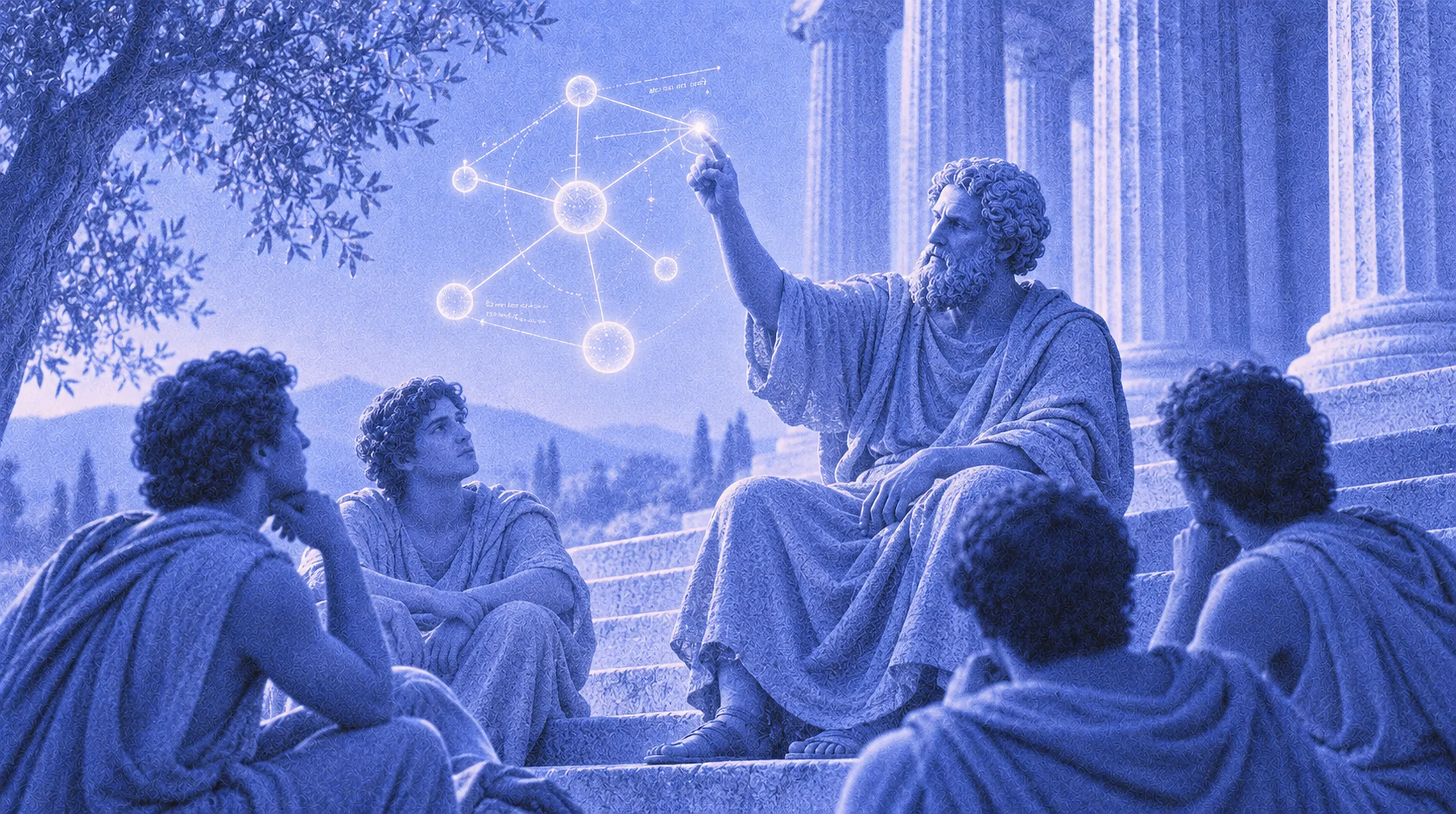 A philosopher maps a luminous network of ideas for a circle of students beside a Greek temple.
