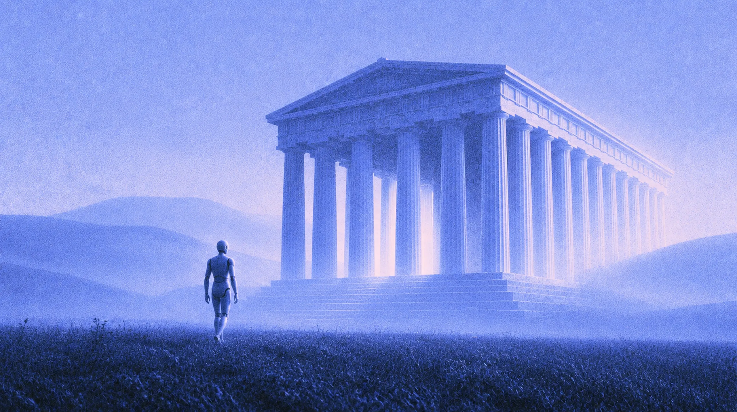 A lone humanoid robot approaching a monumental temple through blue mist.