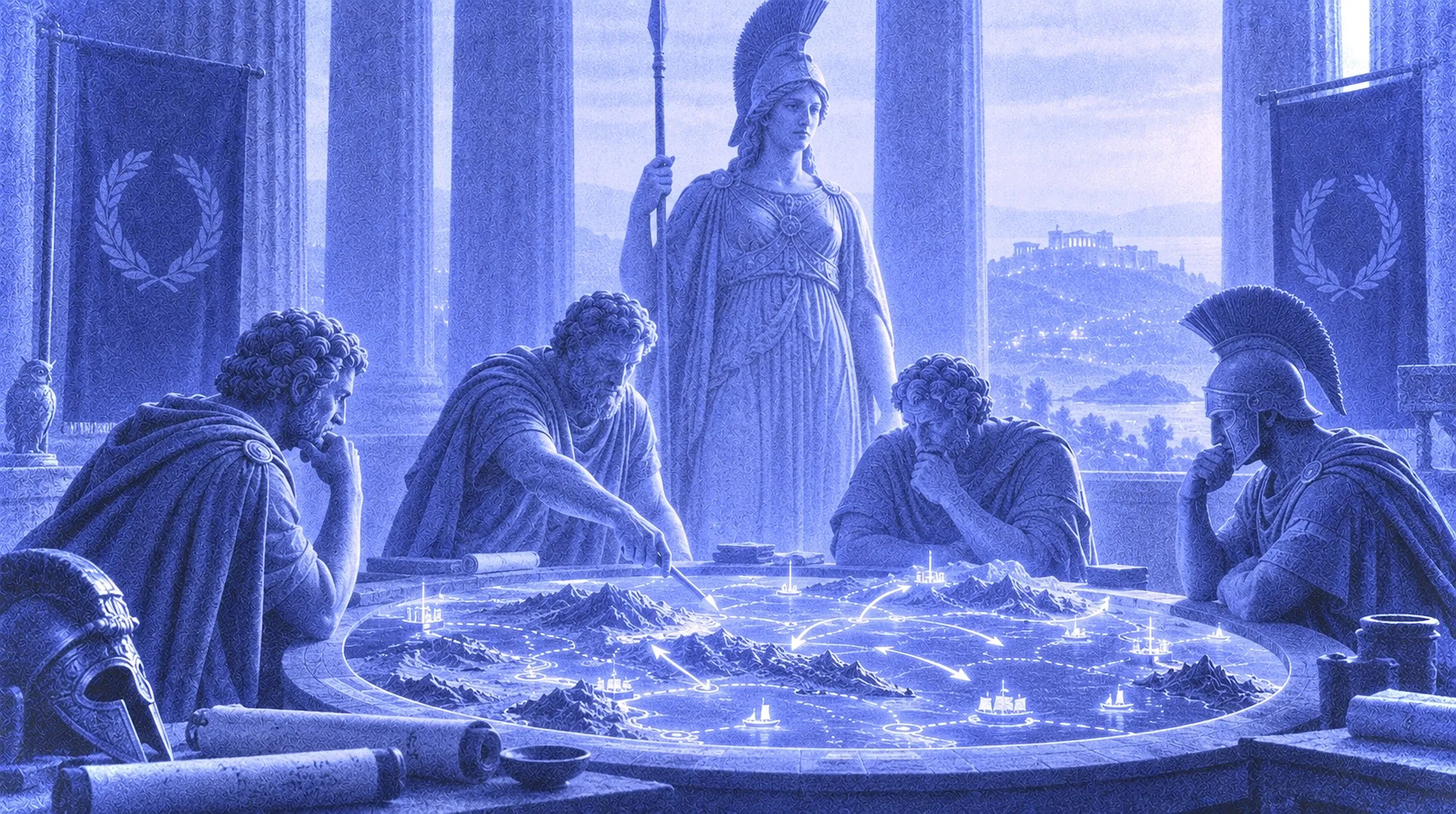 Athena and her advisers study a luminous strategic map overlooking ancient Athens.