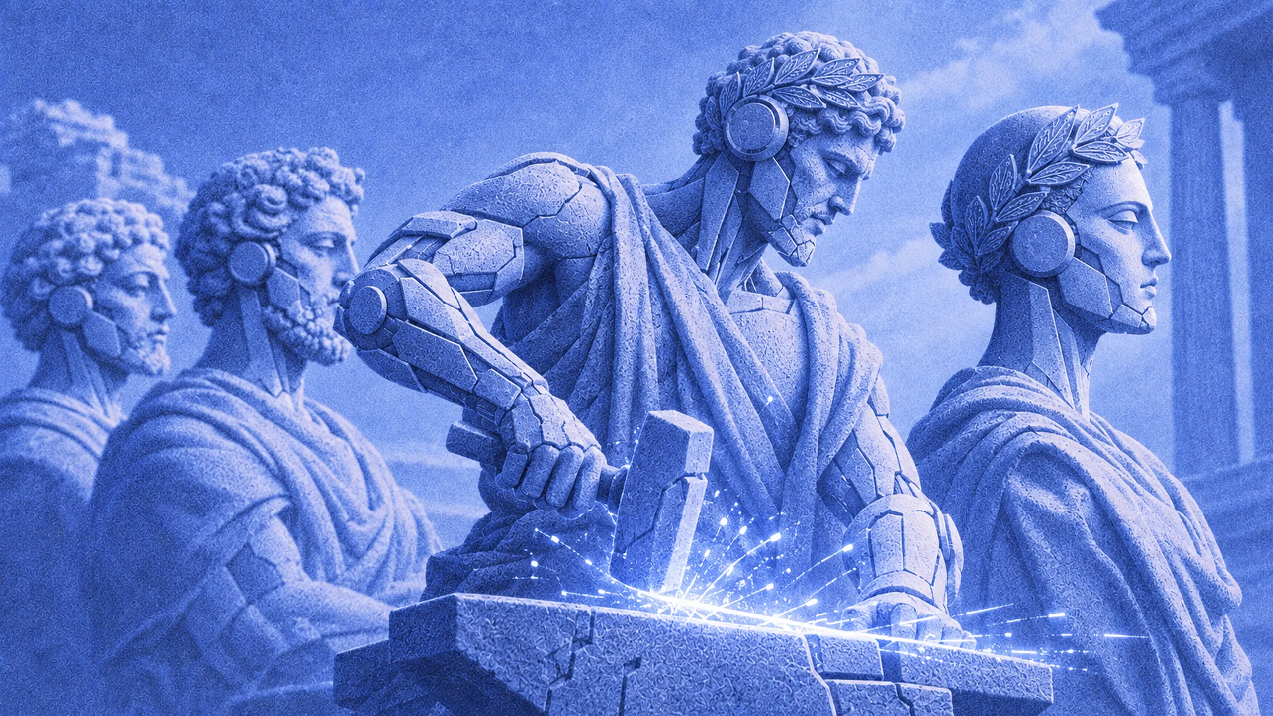 Ancient statues with robotic arms forging a blade in a shower of light.