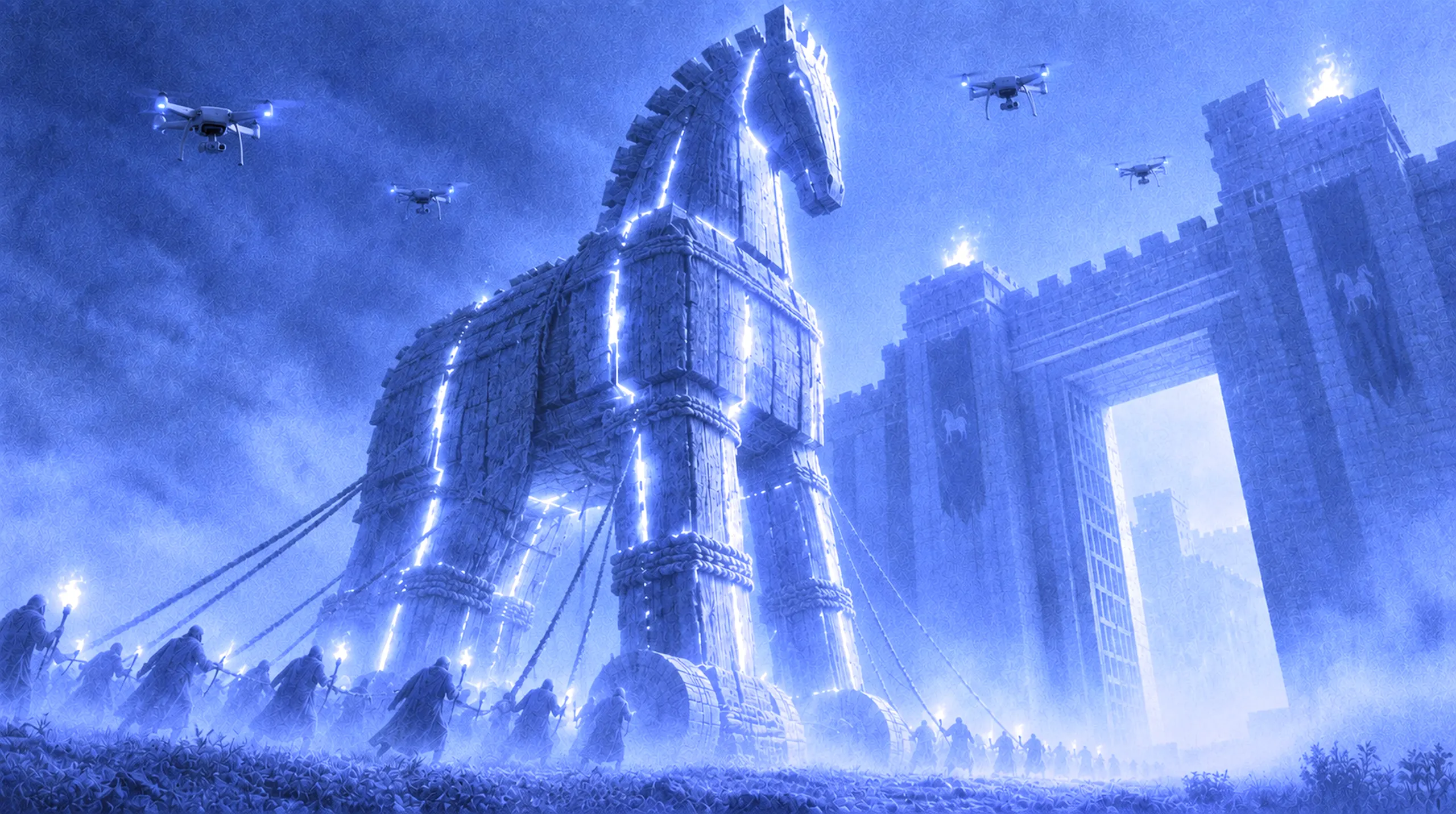 A monumental Trojan horse split by blue-white light, surrounded by drones and figures at the gates of Troy.